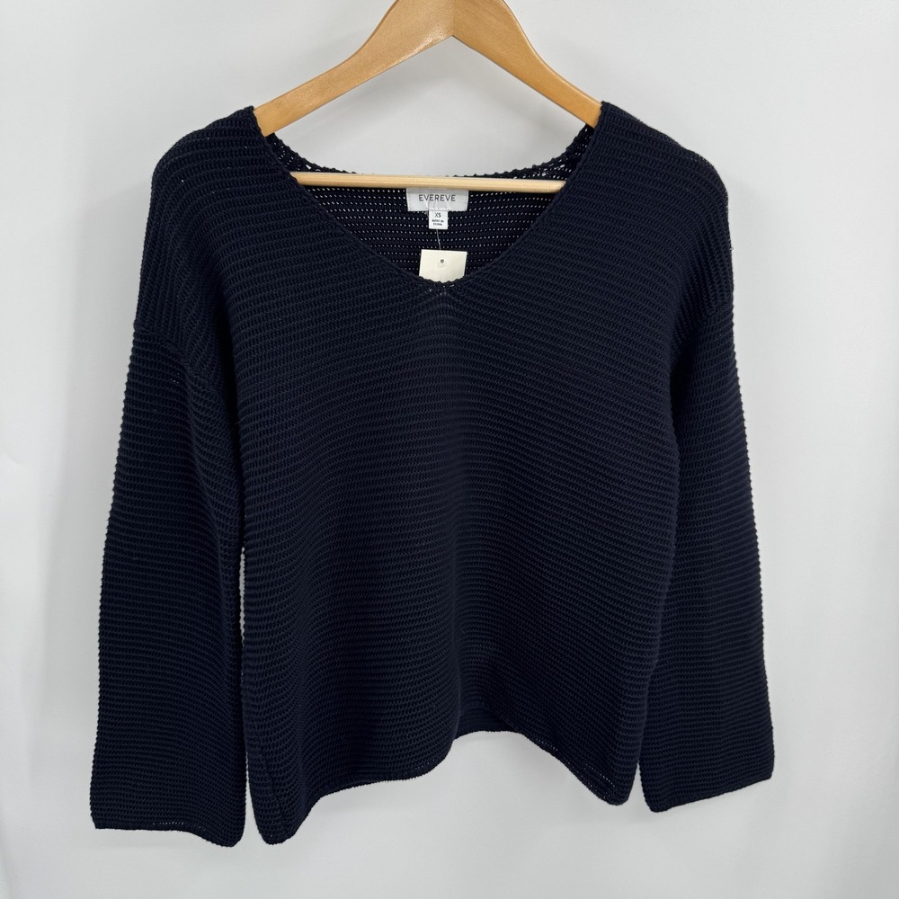 Evereve Sweater‎ Womens XS Navy Vera Pullover V Neck Cotton Chunky Knit Office